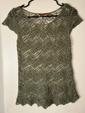 Tape Measure Olive Open Knit Crochet Tunic Top Medium Boho Festival Coverup